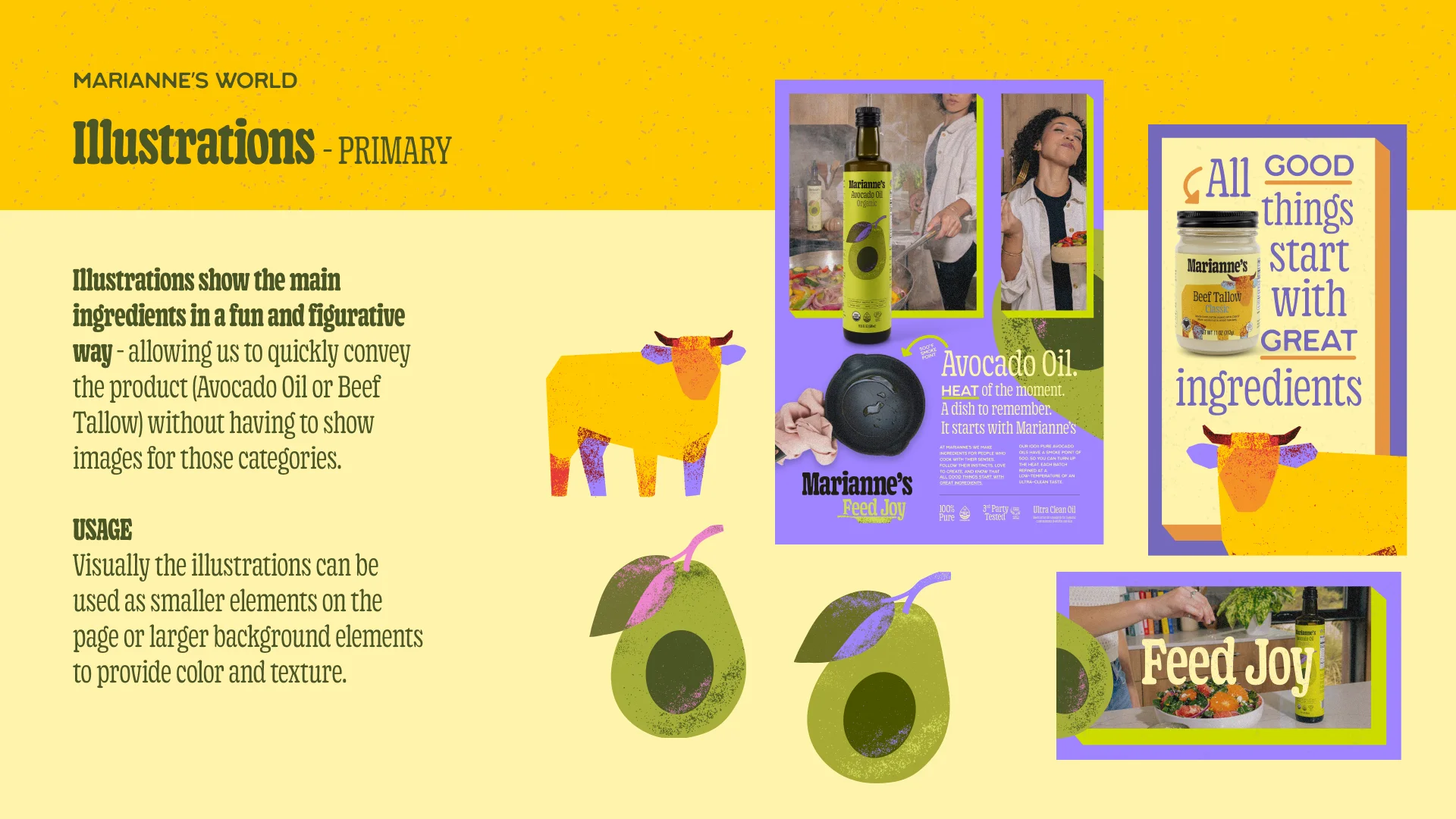The illustrations page of the brand deck: a cow and an avocado drawn in flat color beside the bottles
