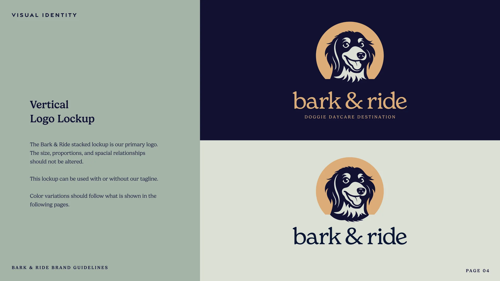 The vertical logo lockup: the dog crest over bark & ride, on navy and on sage