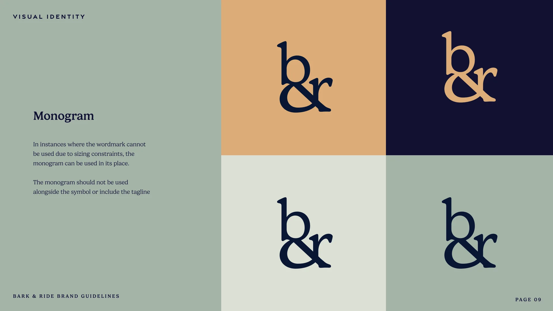 The b&r monogram, gold on navy, navy on sage