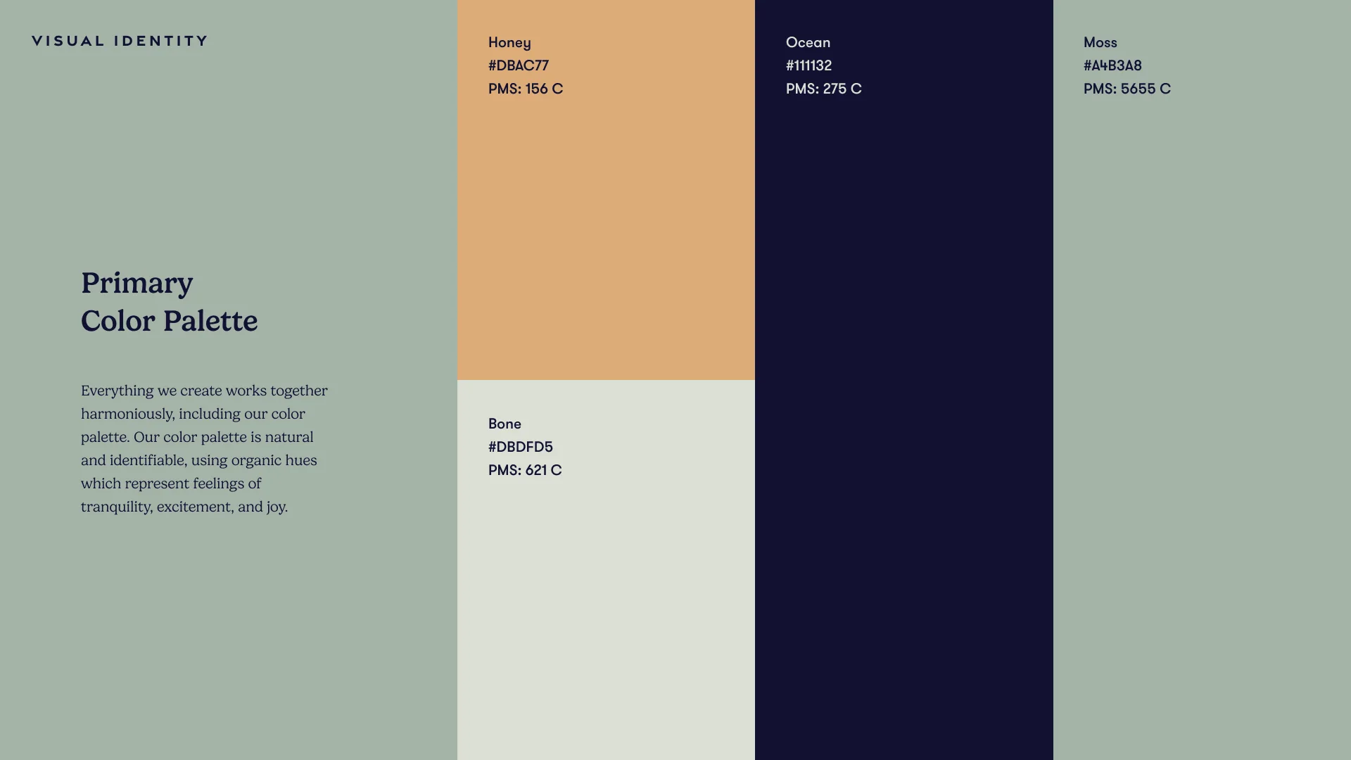 The primary palette: navy, sage, tan and cream
