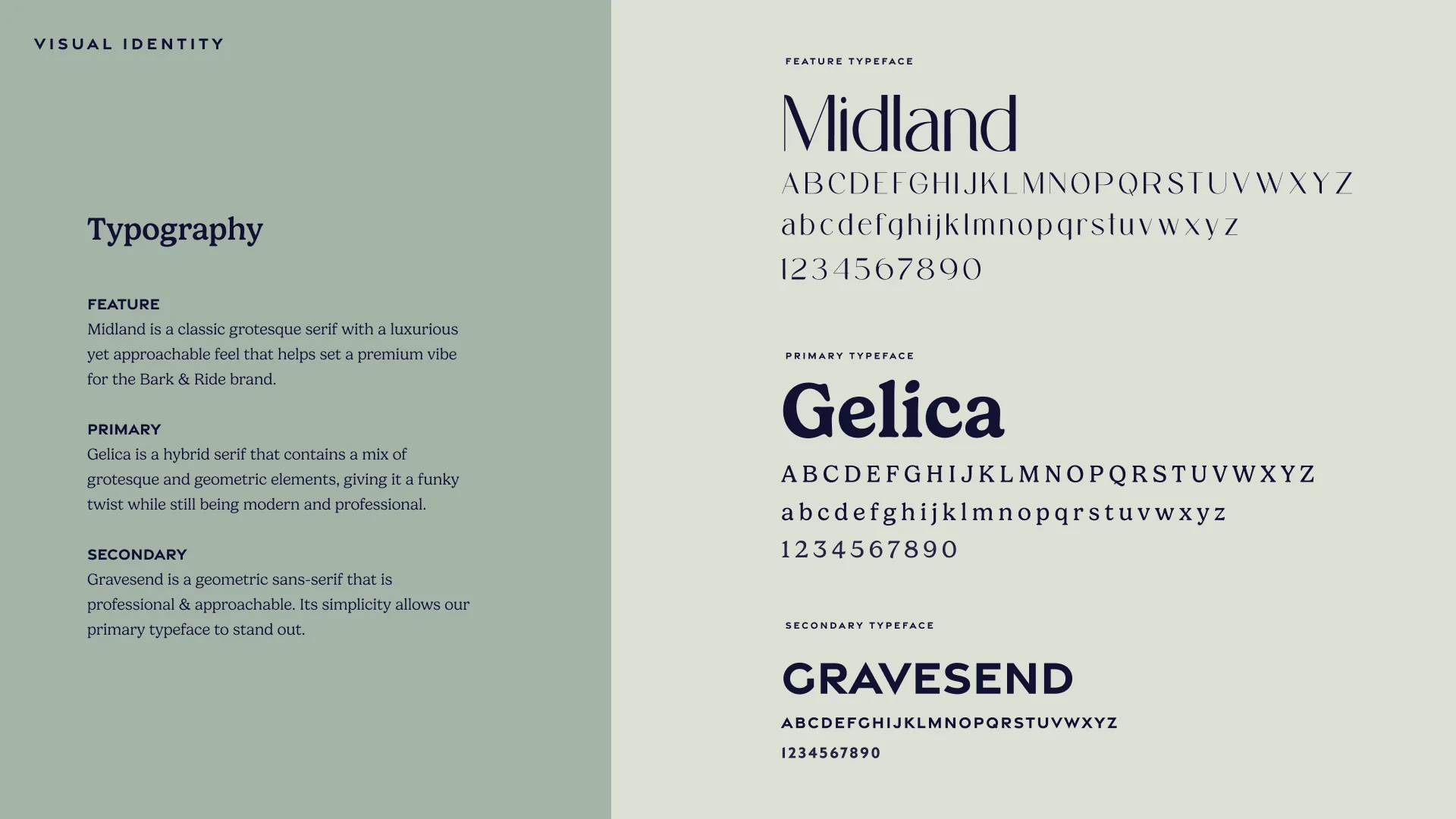 Typography: Midland for headlines, Gelica for text, Gravesend for labels