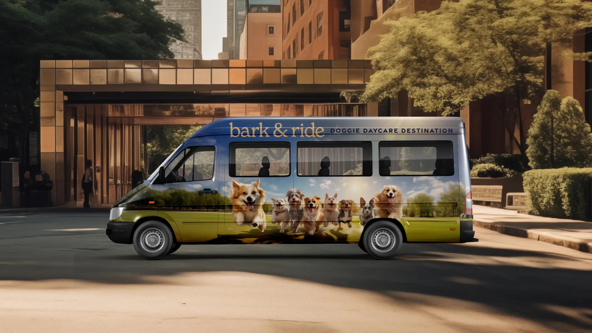 The wrapped shuttle parked on a city street