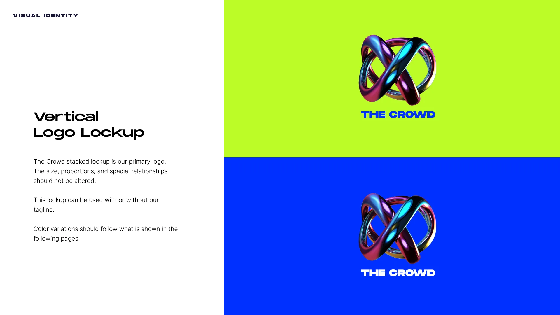The vertical logo lockup: the knot over THE CROWD, on white, lime and Ocean blue