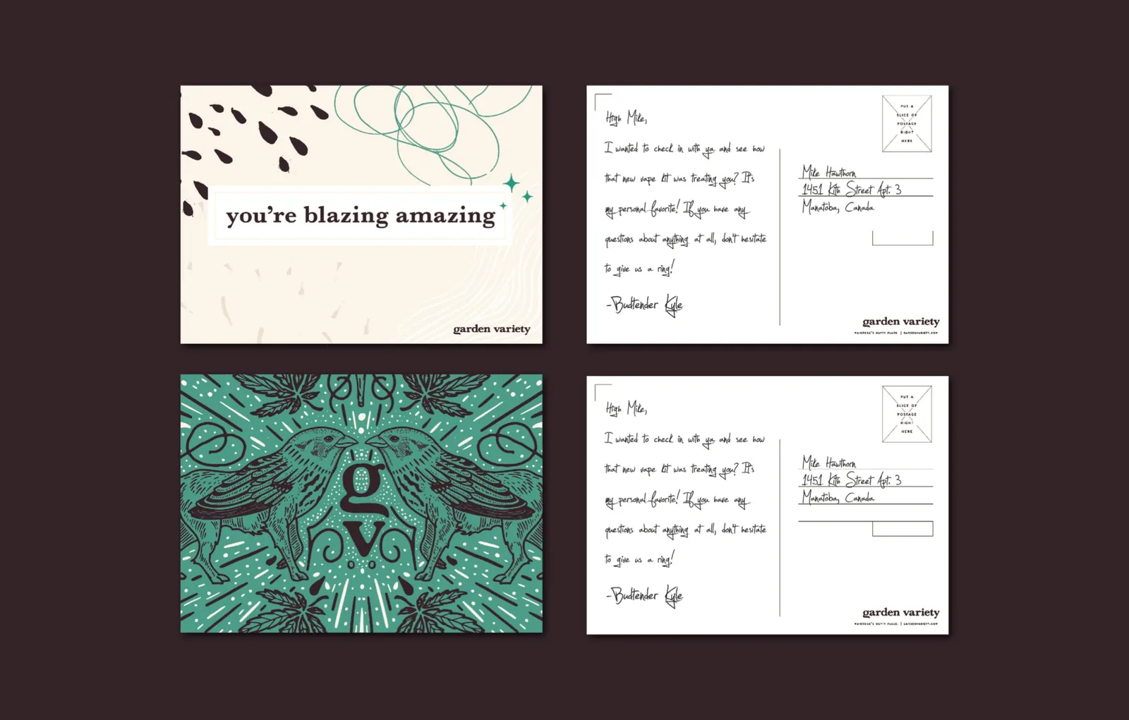 Cards printed with the botanical pattern in teal, the monogram at the center