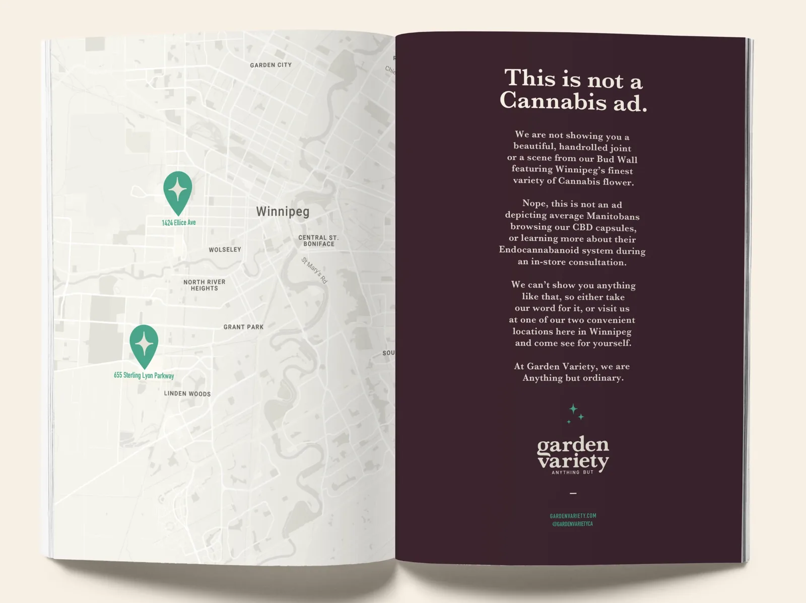 The store brochure open to the map page, the This is not a Cannabis ad panel on the facing page