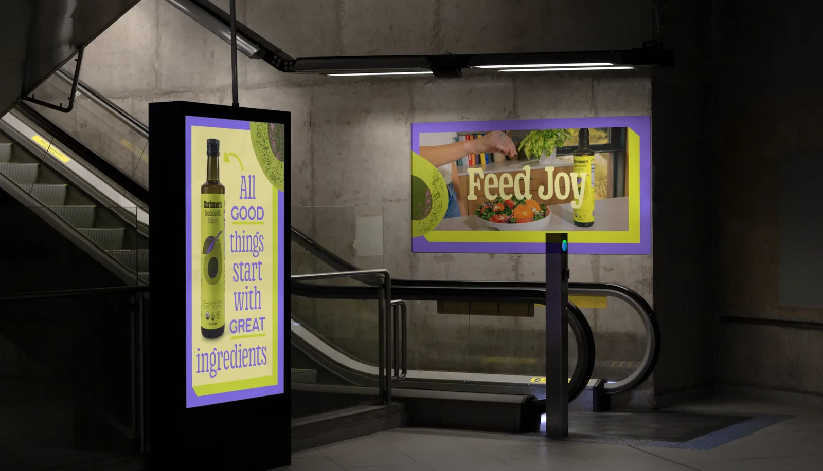 A Feed Joy screen in a subway station: the bottle beside All good things start with great ingredients