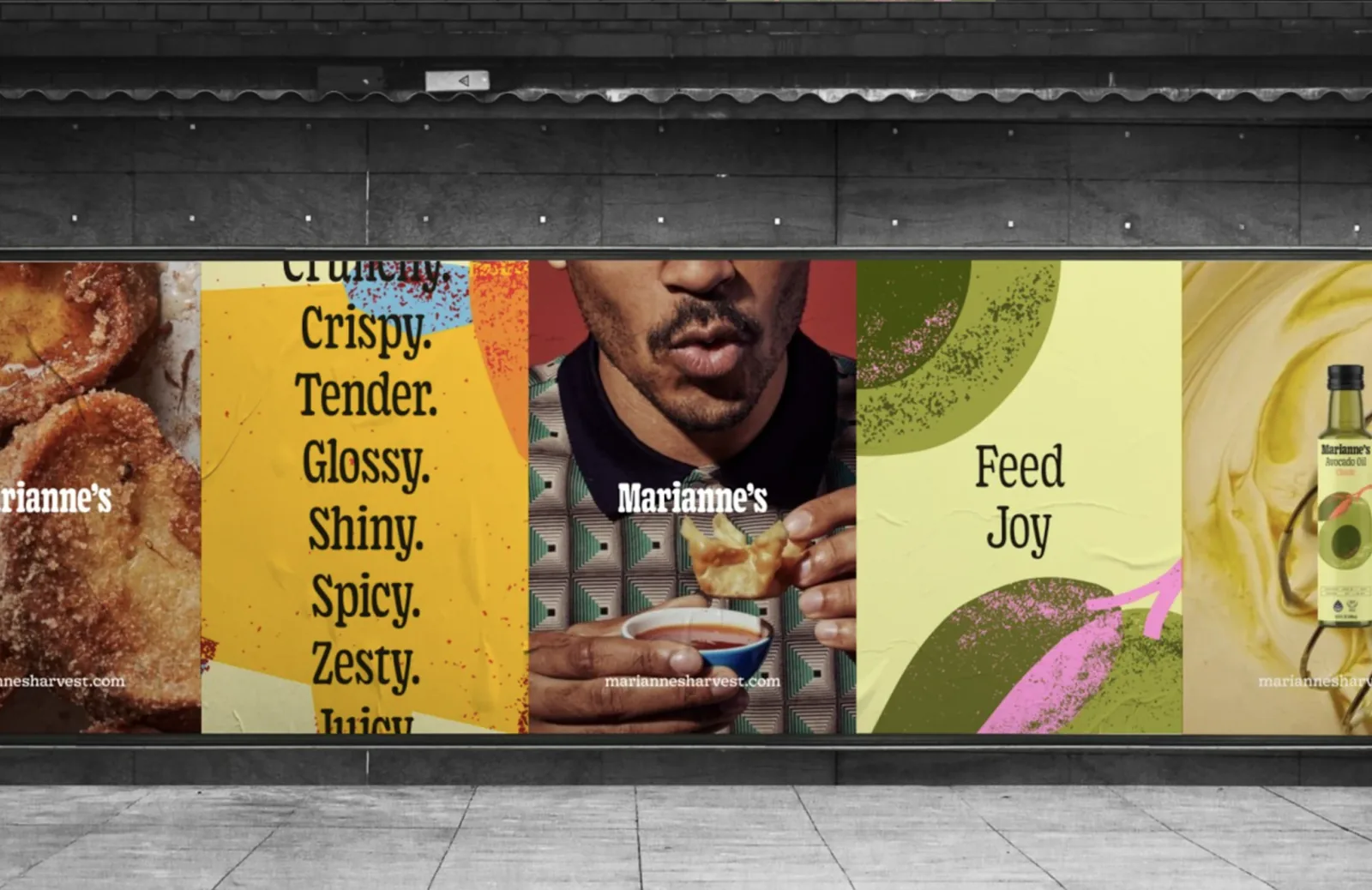 A subway wall of wild-posted sheets: churros, the adjective stack, a man with a dumpling, Feed Joy over an avocado