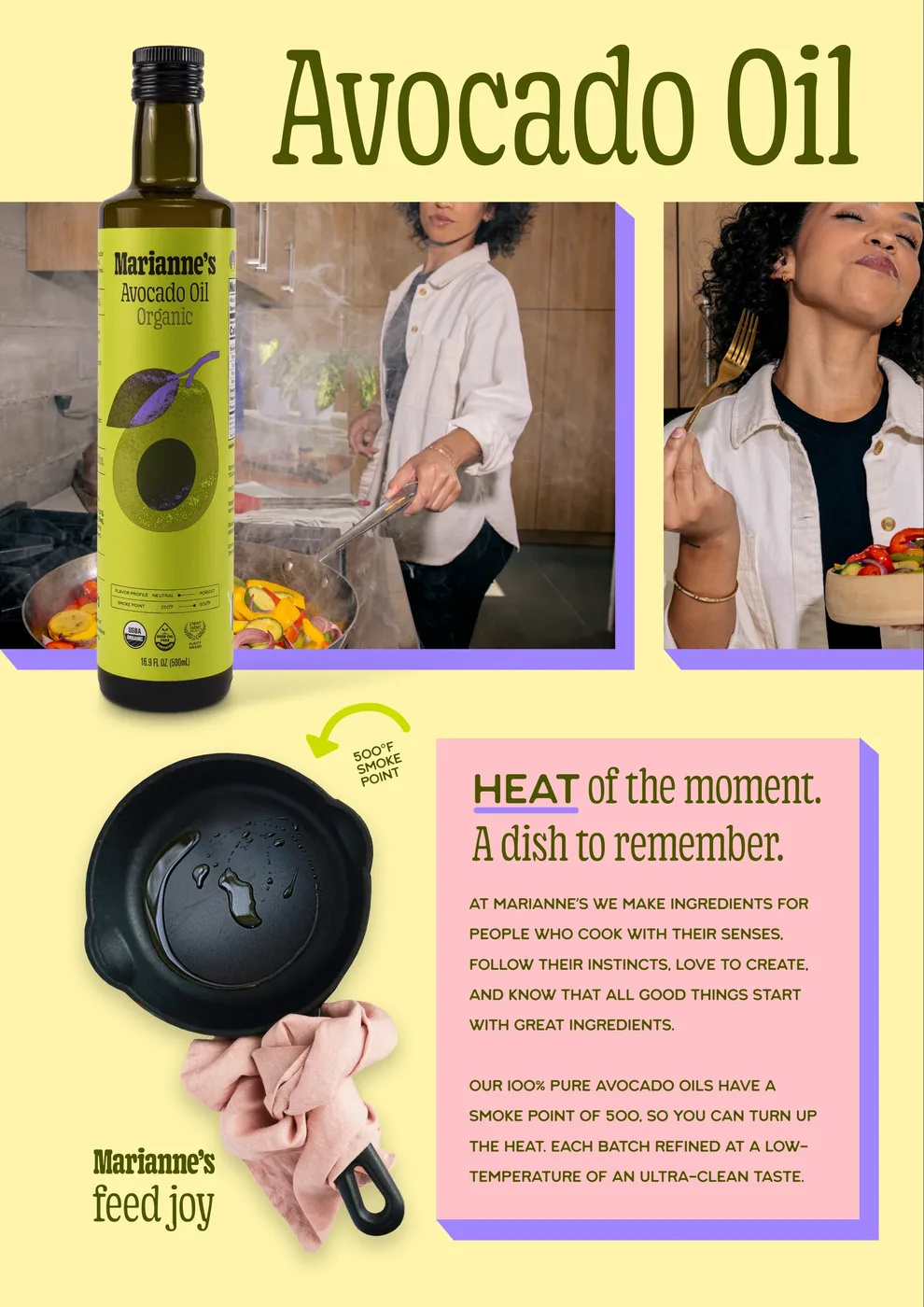 The full-page print ad: Avocado Oil, the cook at the pan, Heat of the moment, a dish to remember