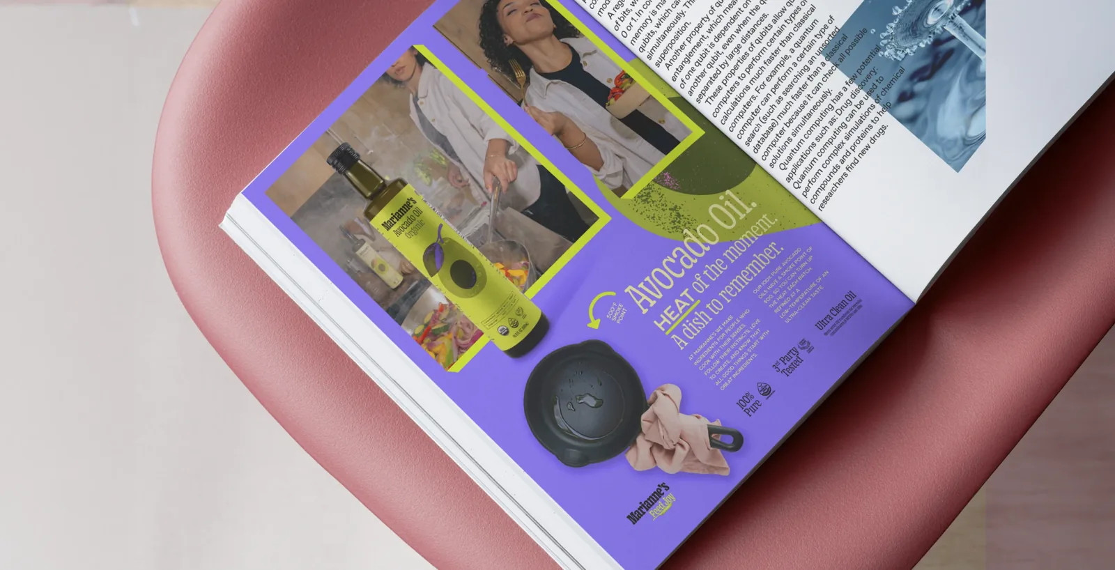 The magazine spread, open on a pink chair
