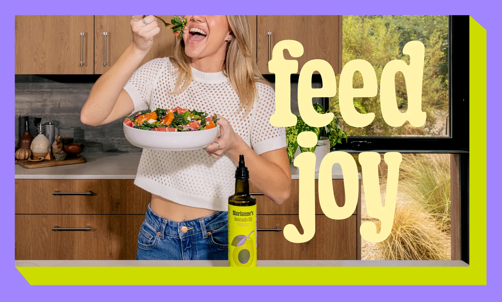 A wide social unit: feed joy in yellow slab type beside the cook, the brisket board and the avocado oil, framed in violet and chartreuse
