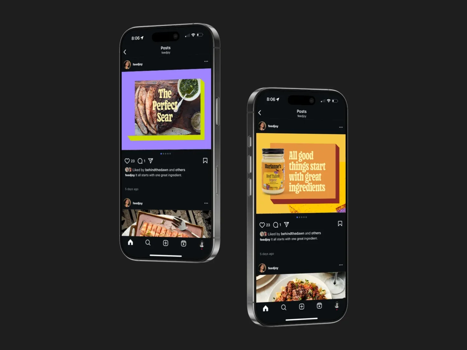 Two phones with the Instagram feed: The Perfect Sear and All good things start with great ingredients