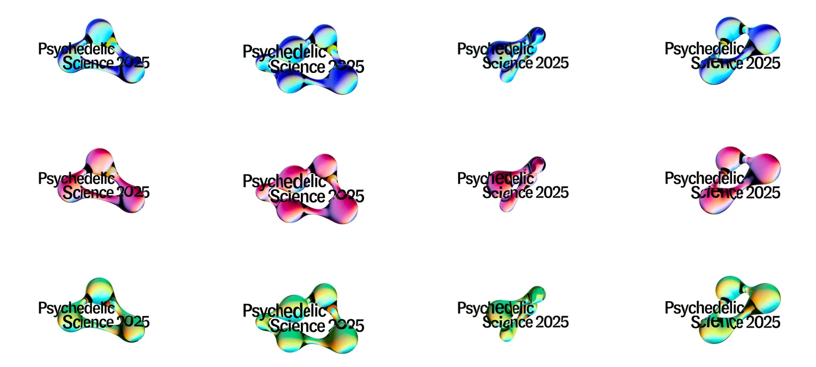 The logo variants: Psychedelic Science 2025 set through twelve molecules in blue, magenta and green