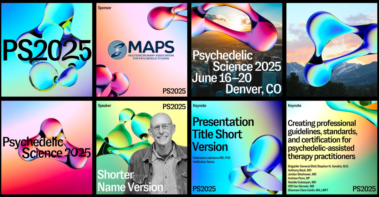 The social system: PS2025 covers, a sponsor card for MAPS, the Denver announce, a speaker card, keynote cards and a panel card