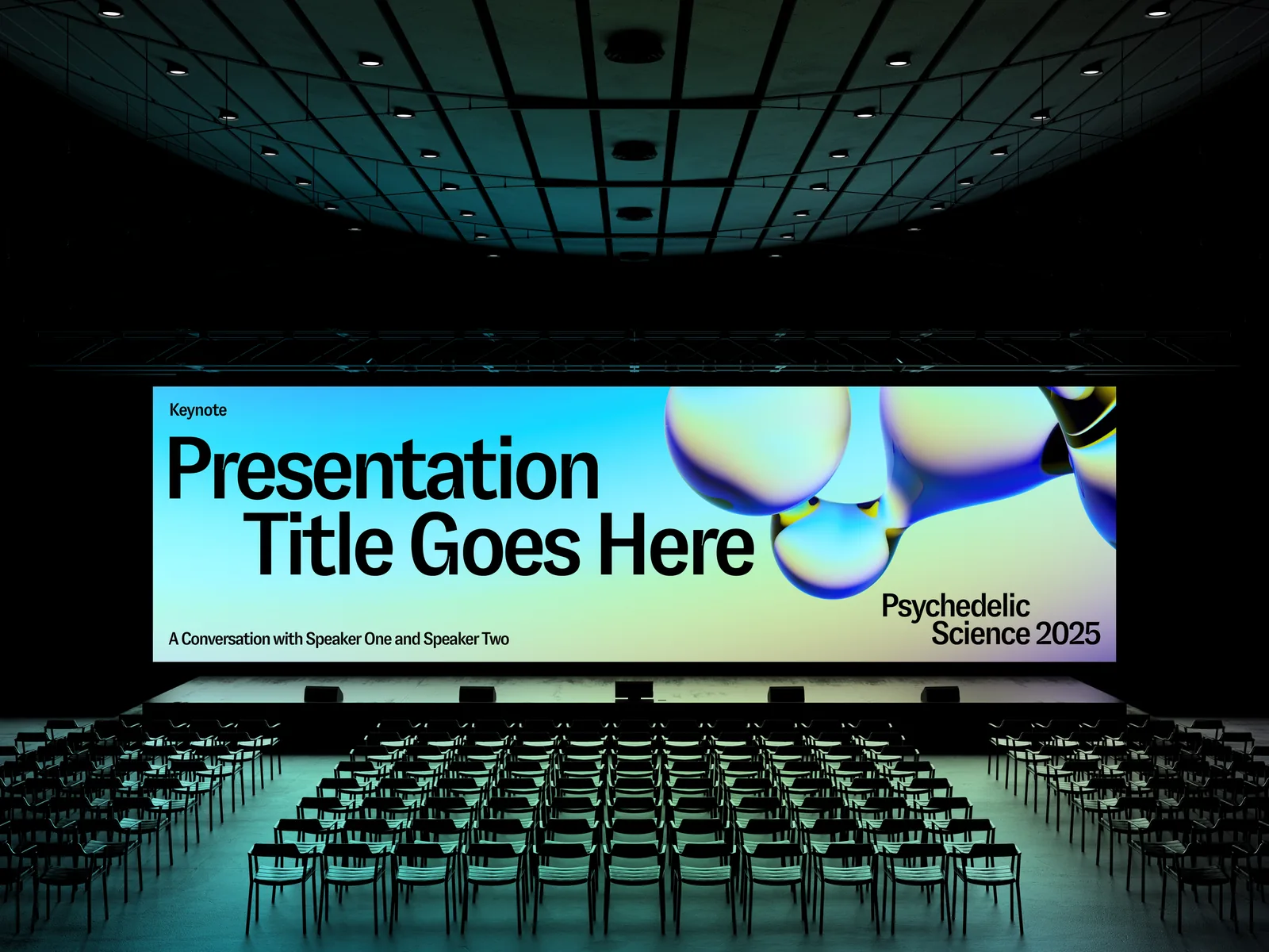 The keynote hall: a wide screen with Keynote, a presentation title and the lockup, rows of chairs in front