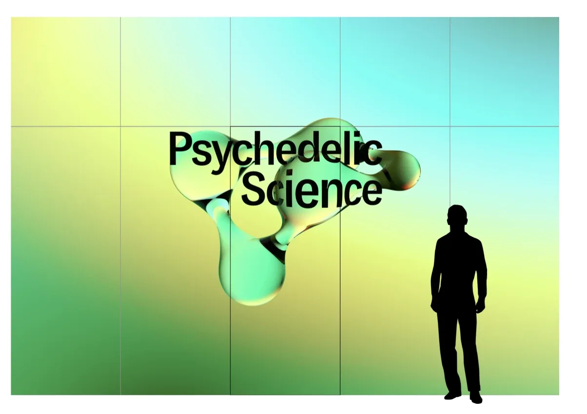 A screen wall in a hall, Psychedelic Science through a green molecule, a figure for scale