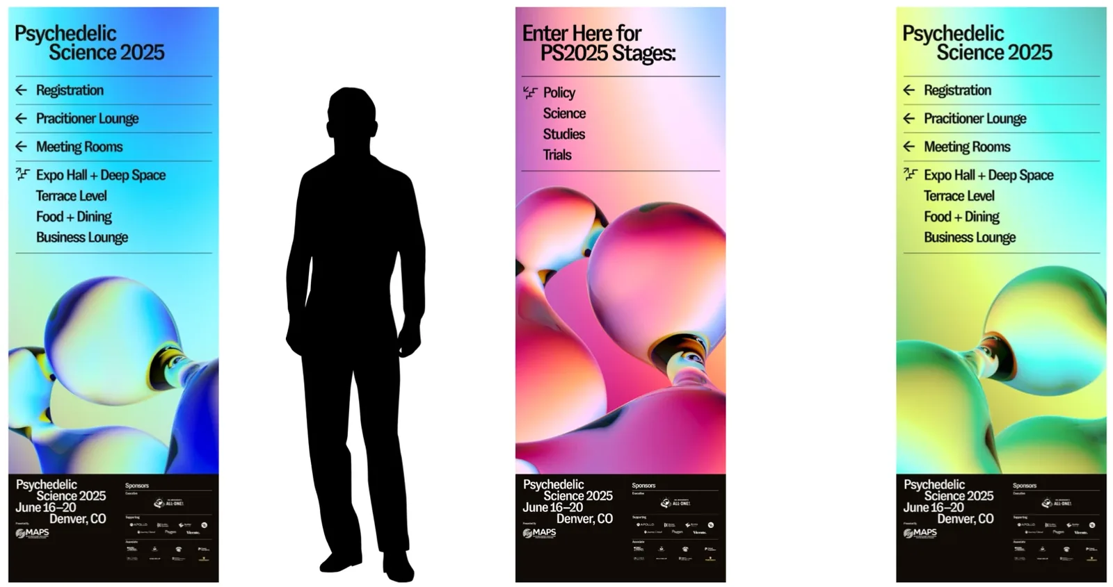 Wayfinding banners: Registration, Practitioner Lounge, Meeting Rooms, the stages, with the sponsor strip