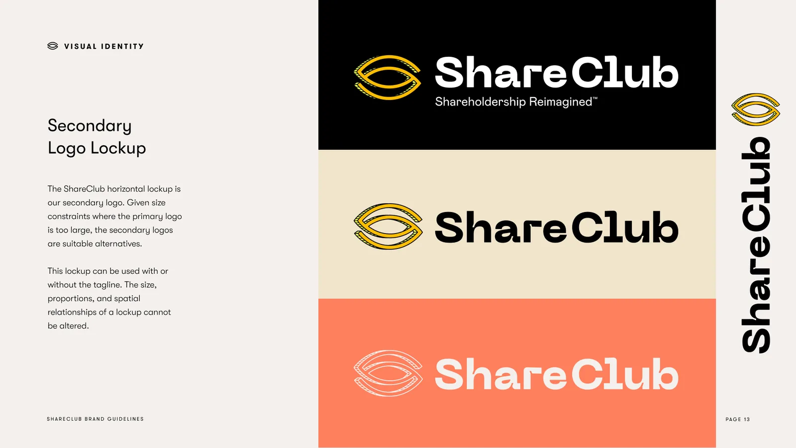 Secondary logo lockup: the eye mark beside ShareClub, on black, on cream and on coral