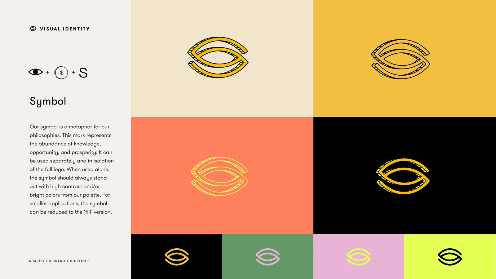 Symbol: the winking eye across the palette, mustard, coral, black, evergreen, pink and chartreuse