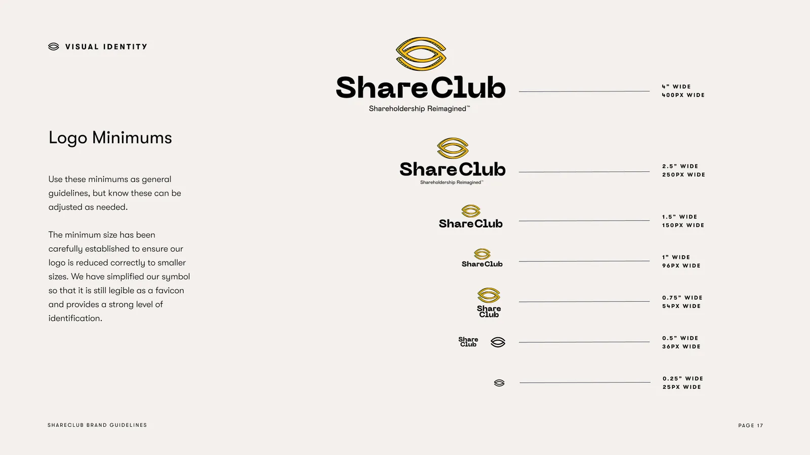 Logo minimums: the stacked lockup and the mark from four inches down to a quarter inch