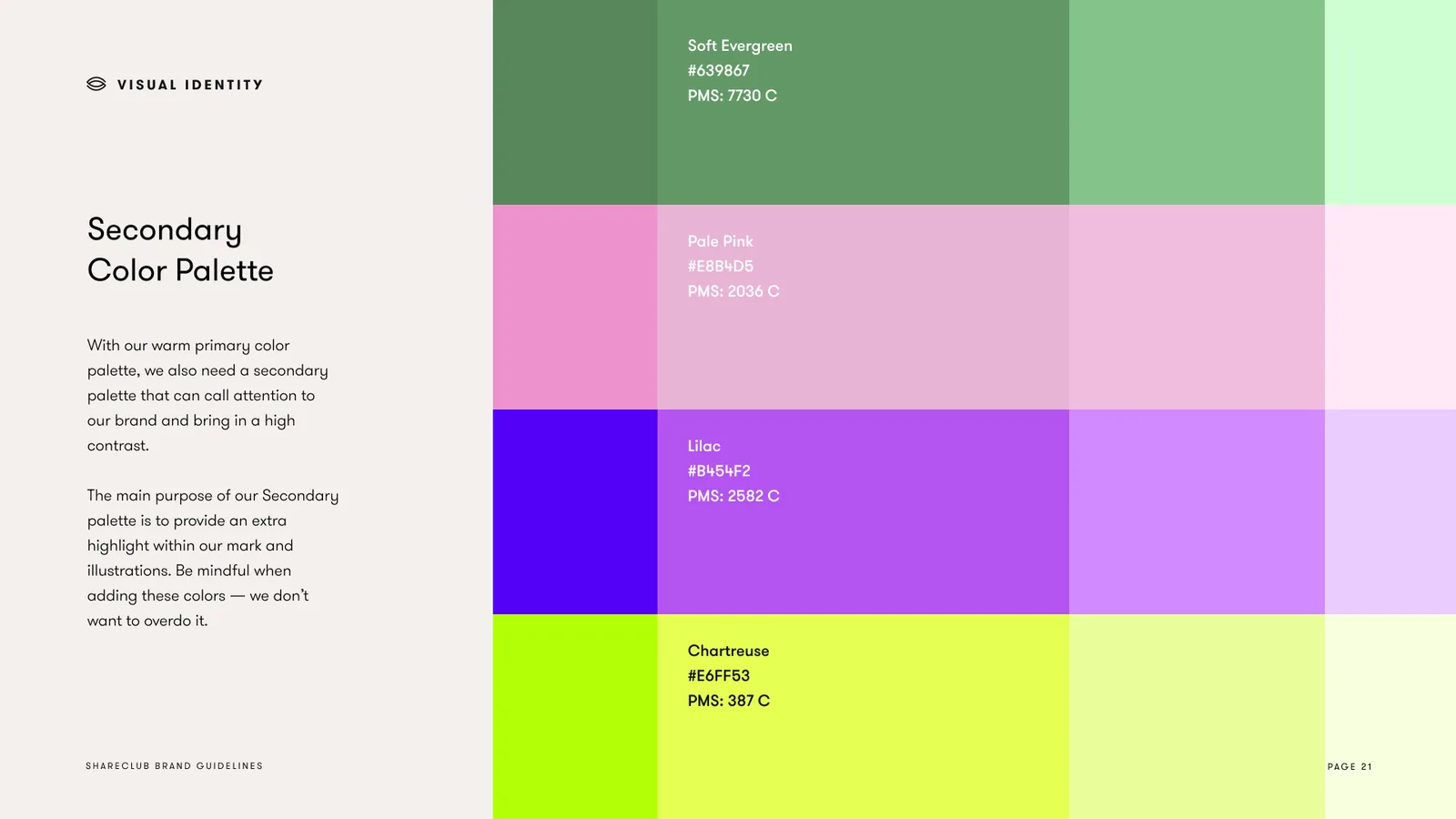 Secondary color palette: Soft Evergreen, Pale Pink, Lilac and Chartreuse with their tints