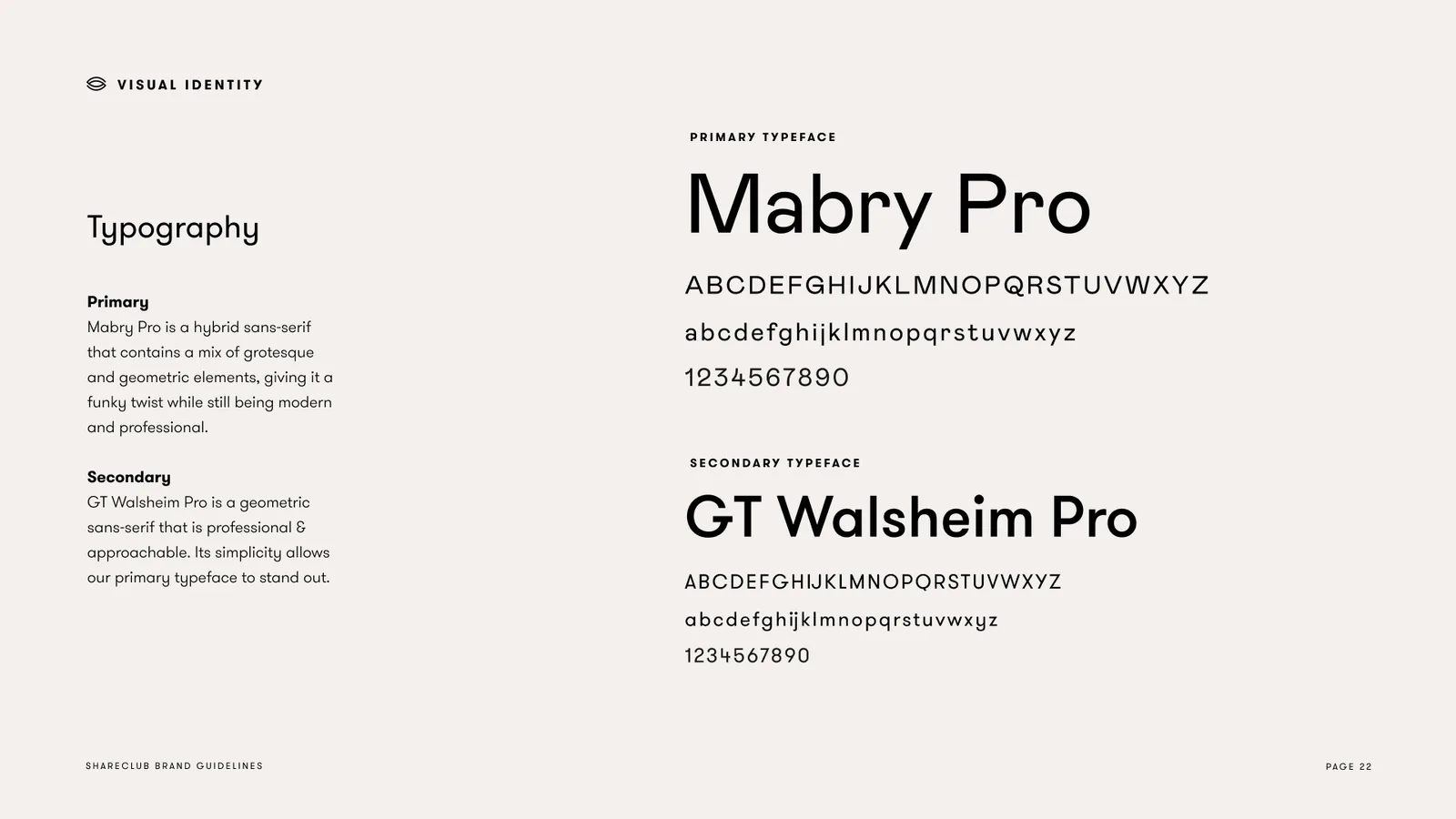 Typography: Mabry Pro as the primary typeface, GT Walsheim Pro as the secondary