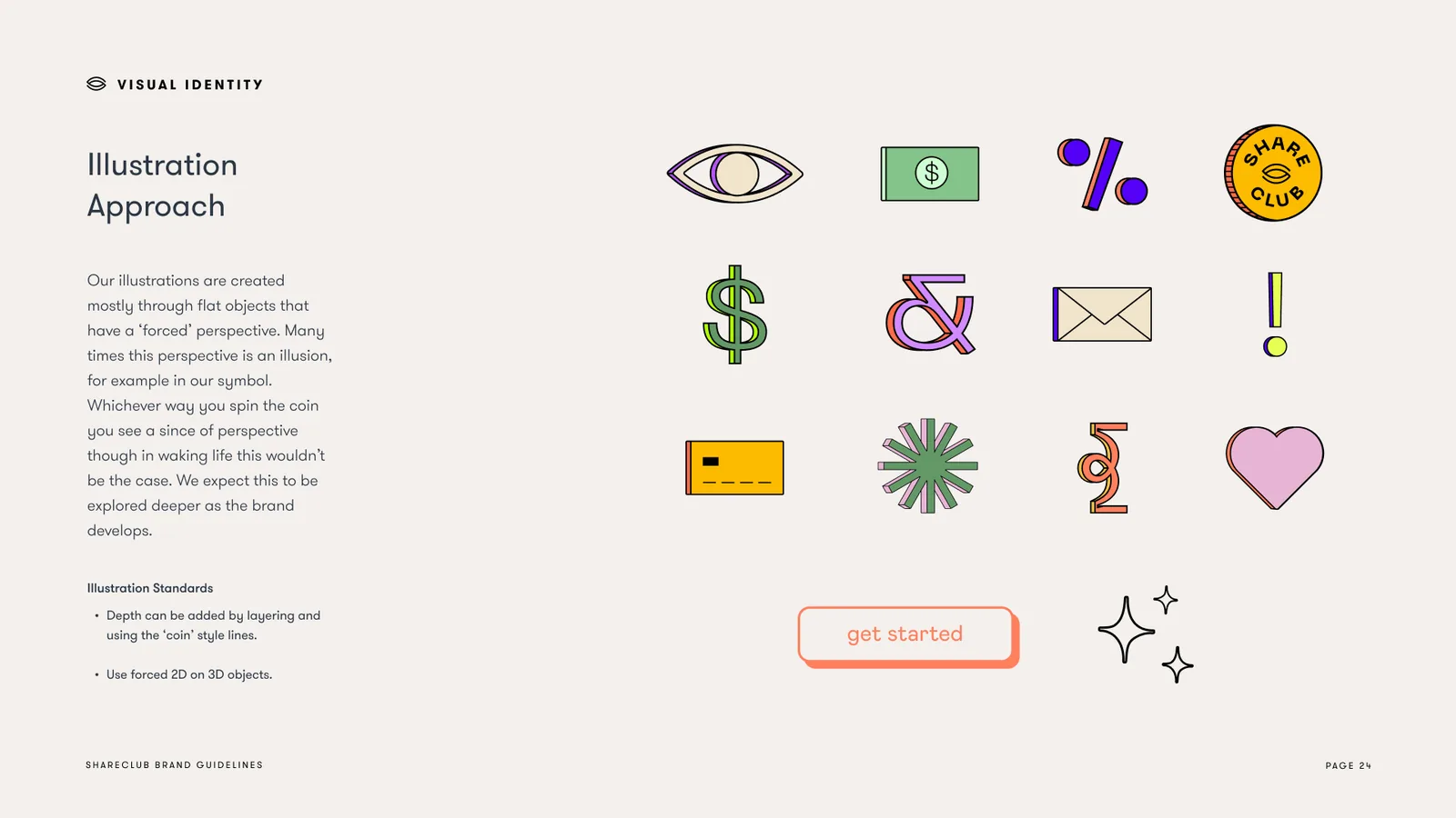 Illustration approach: the eye, a banknote, a percent sign, the club badge, a dollar sign, an ampersand, an envelope, an exclamation point, a card, a burst and a heart