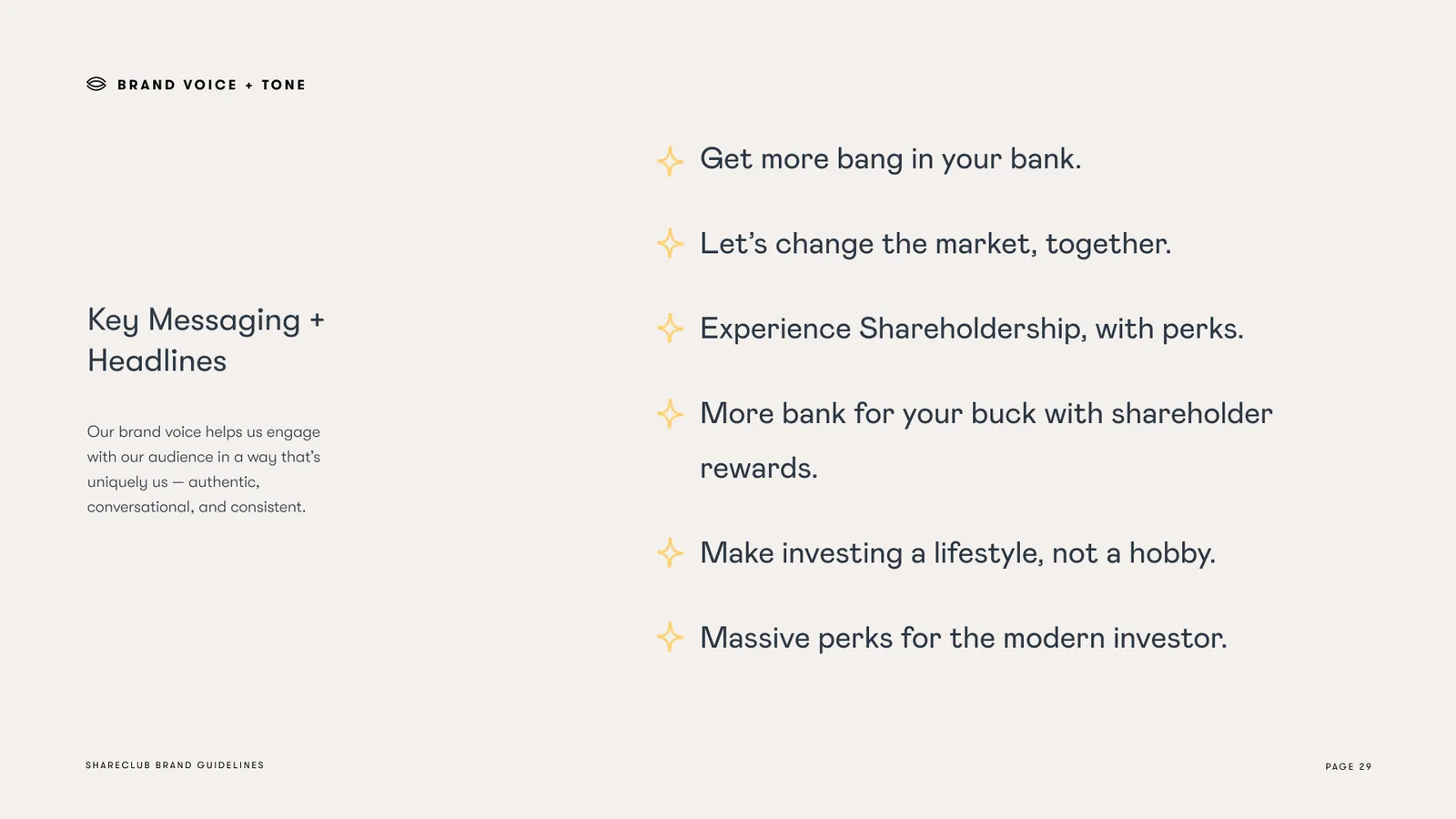 Key messaging and headlines: Get more bang in your bank, Let's change the market together, Experience Shareholdership with perks, Massive perks for the modern investor