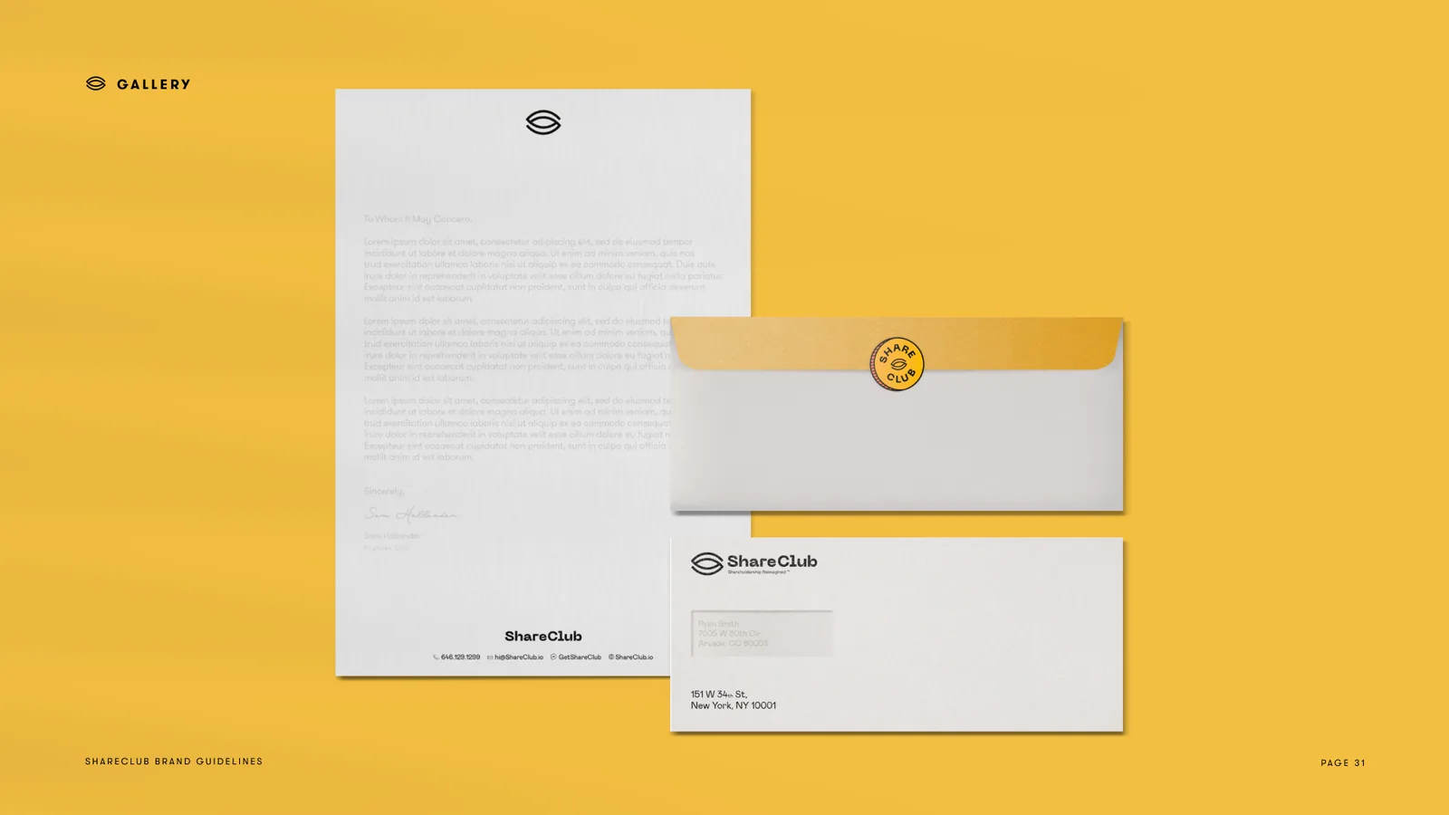 Stationery on mustard: letterhead, an envelope and a compliments card carrying the eye mark