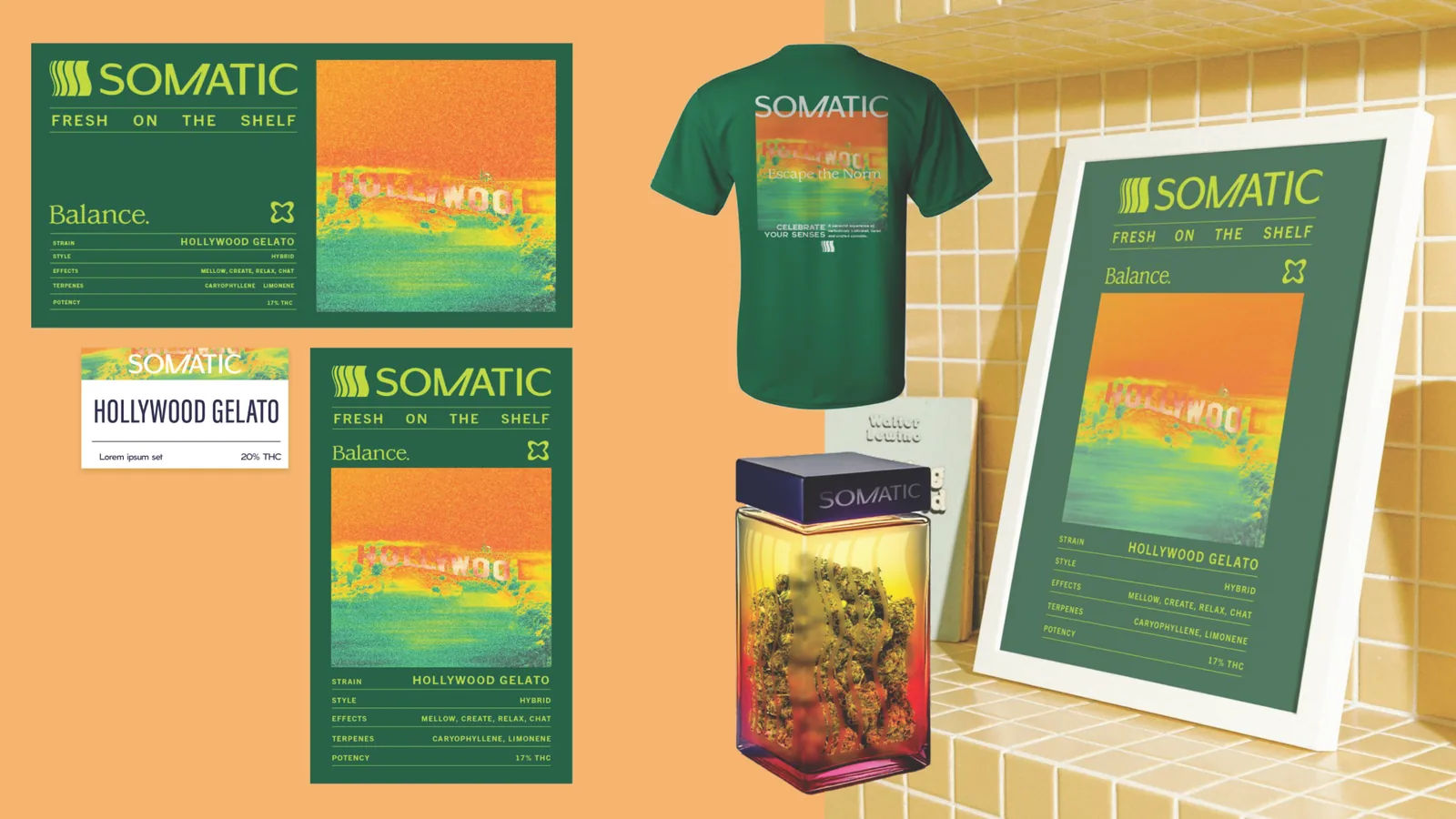 The system on a tile counter: Fresh on the Shelf labels for Balance and Hollywood Gelato, a green tee, a framed print and a jar