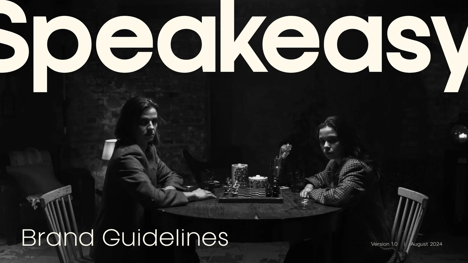 The brand guidelines cover: Speakeasy set to bleed over a black-and-white photograph of two people at a table, Version 1.0, August 2024