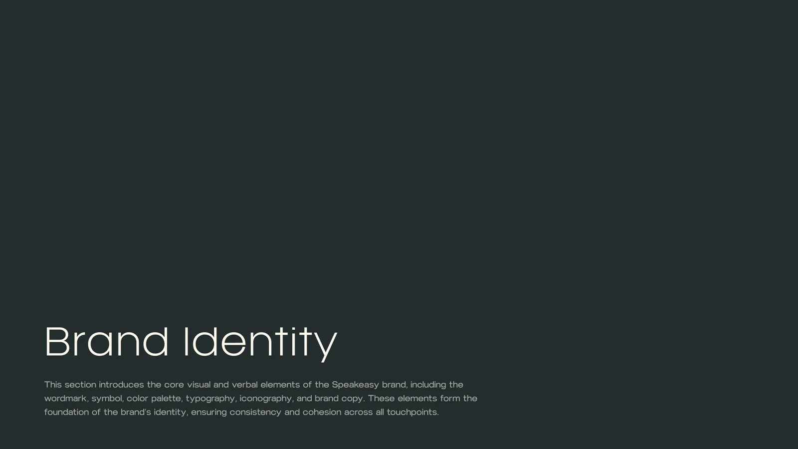 Section divider: Brand Identity, on charcoal