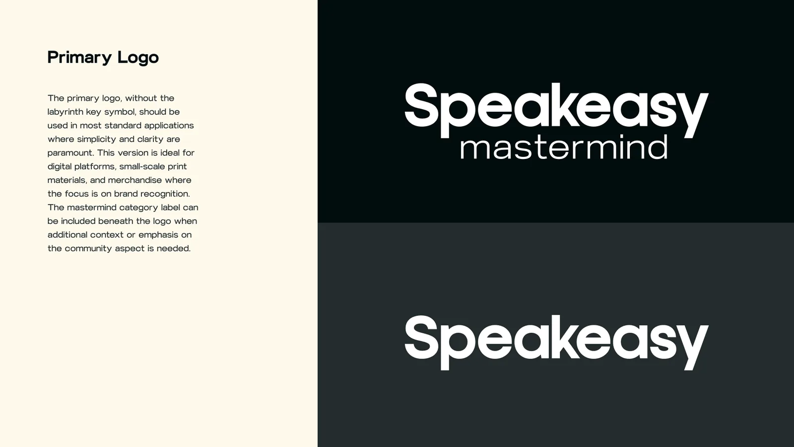 Primary logo: Speakeasy, and Speakeasy mastermind with the category label beneath