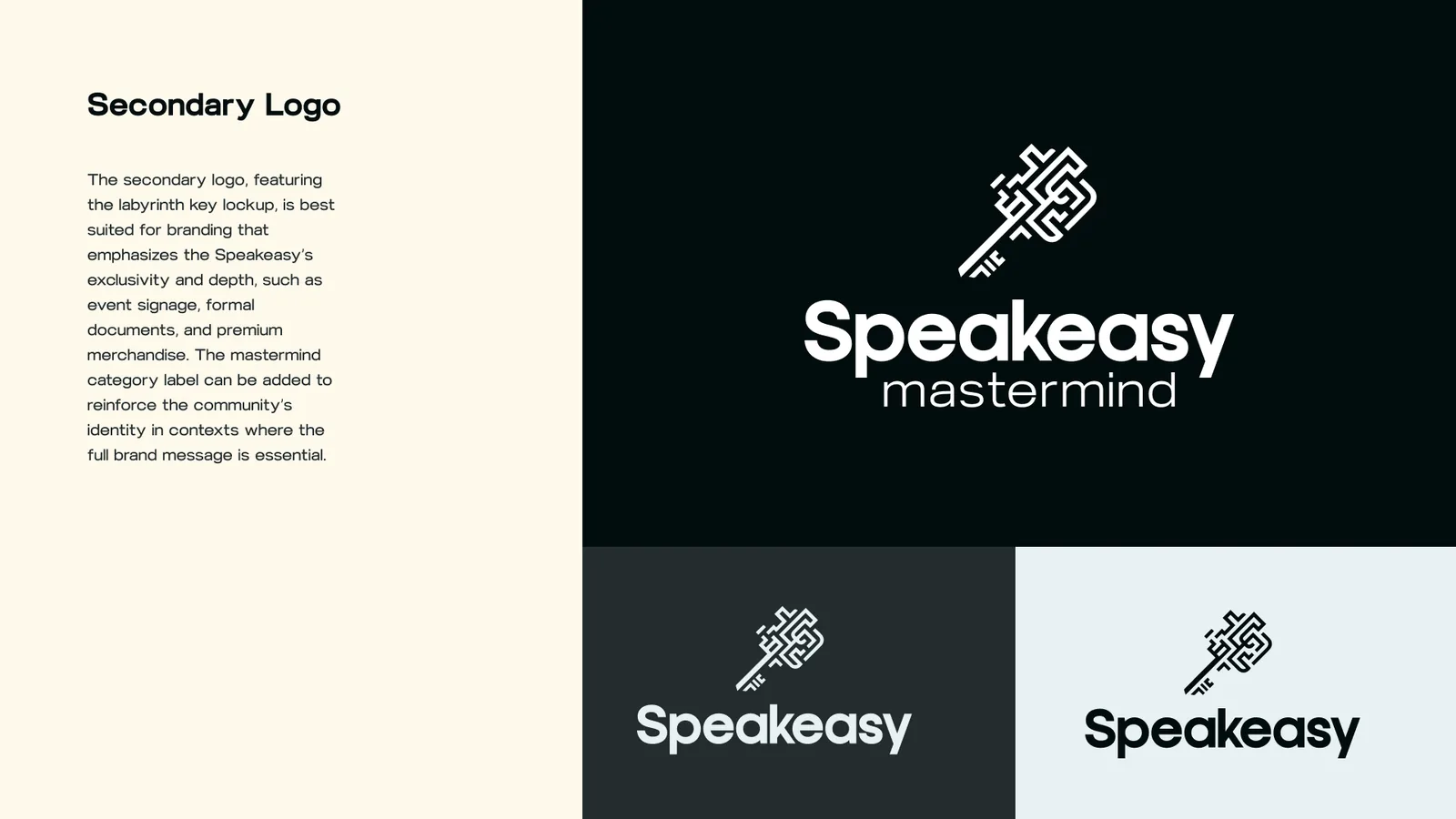 Secondary logo: the labyrinth key symbol over the wordmark, on charcoal, on shell and on sky