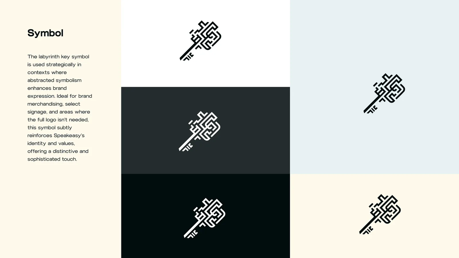 Symbol: the labyrinth key on cream, on shell, on charcoal and on sky