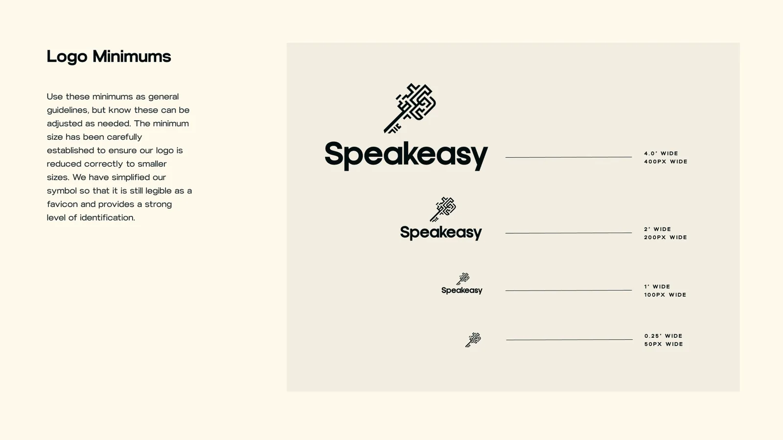 Logo minimums: the wordmark and the key from four inches down to a quarter inch
