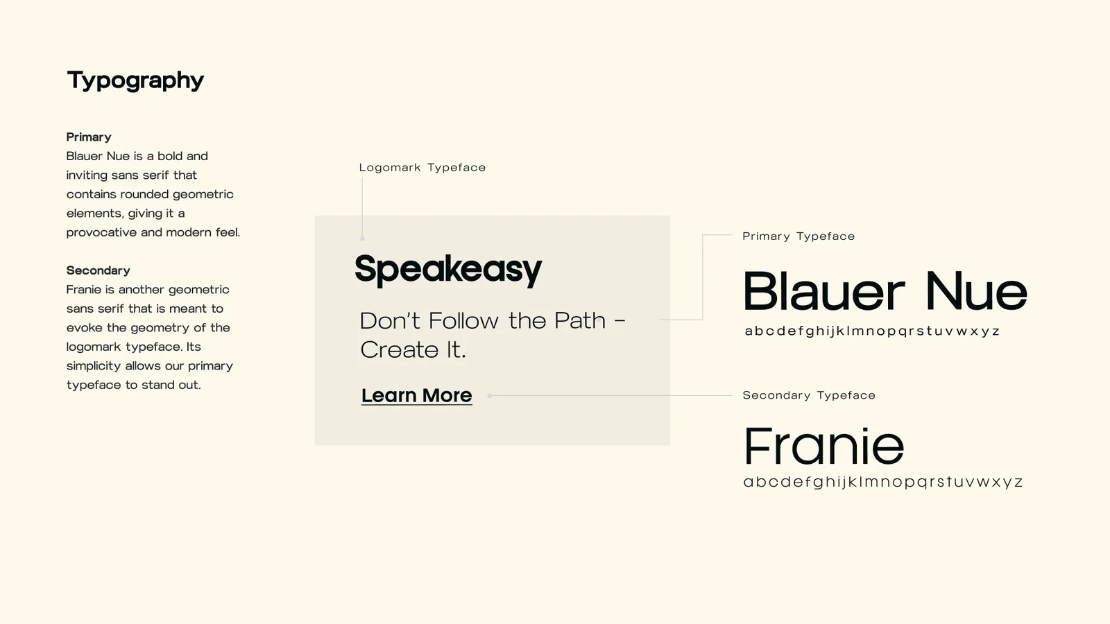 Typography: the wordmark face, Blauer Nue as the primary typeface and Franie as the secondary