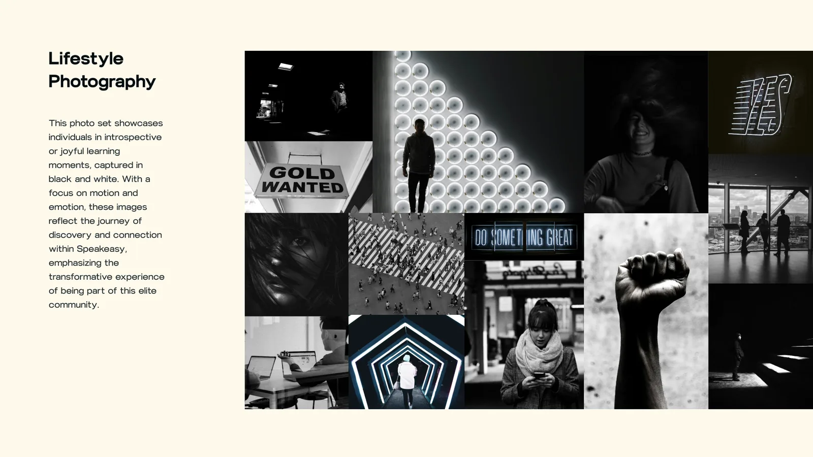 Lifestyle photography: introspective black-and-white portraits, a raised fist, a lit sign reading Gold Wanted