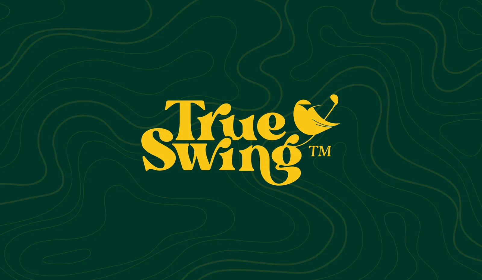 The brand guidelines cover: the True Swing wordmark with the bird, yellow on a deep green topographic ground