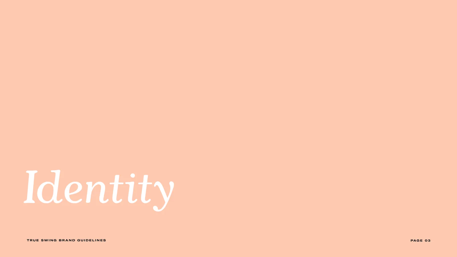 Section divider: Identity, white serif on peach