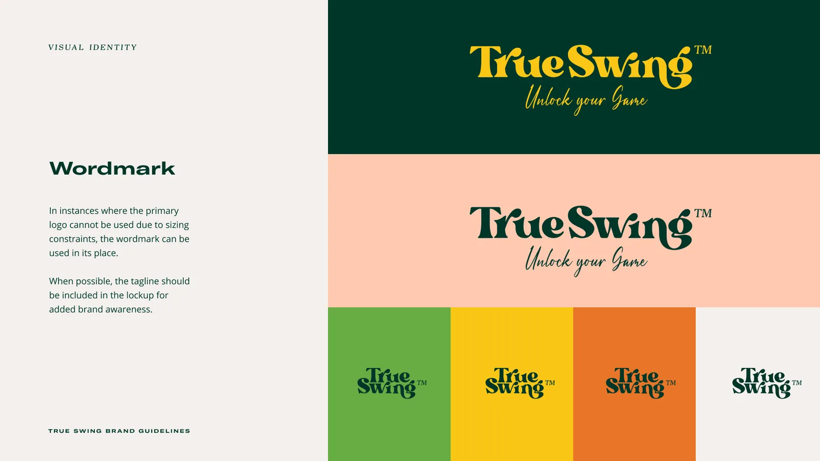 Wordmark: True Swing with the script line Unlock your Game, and the wordmark across the palette