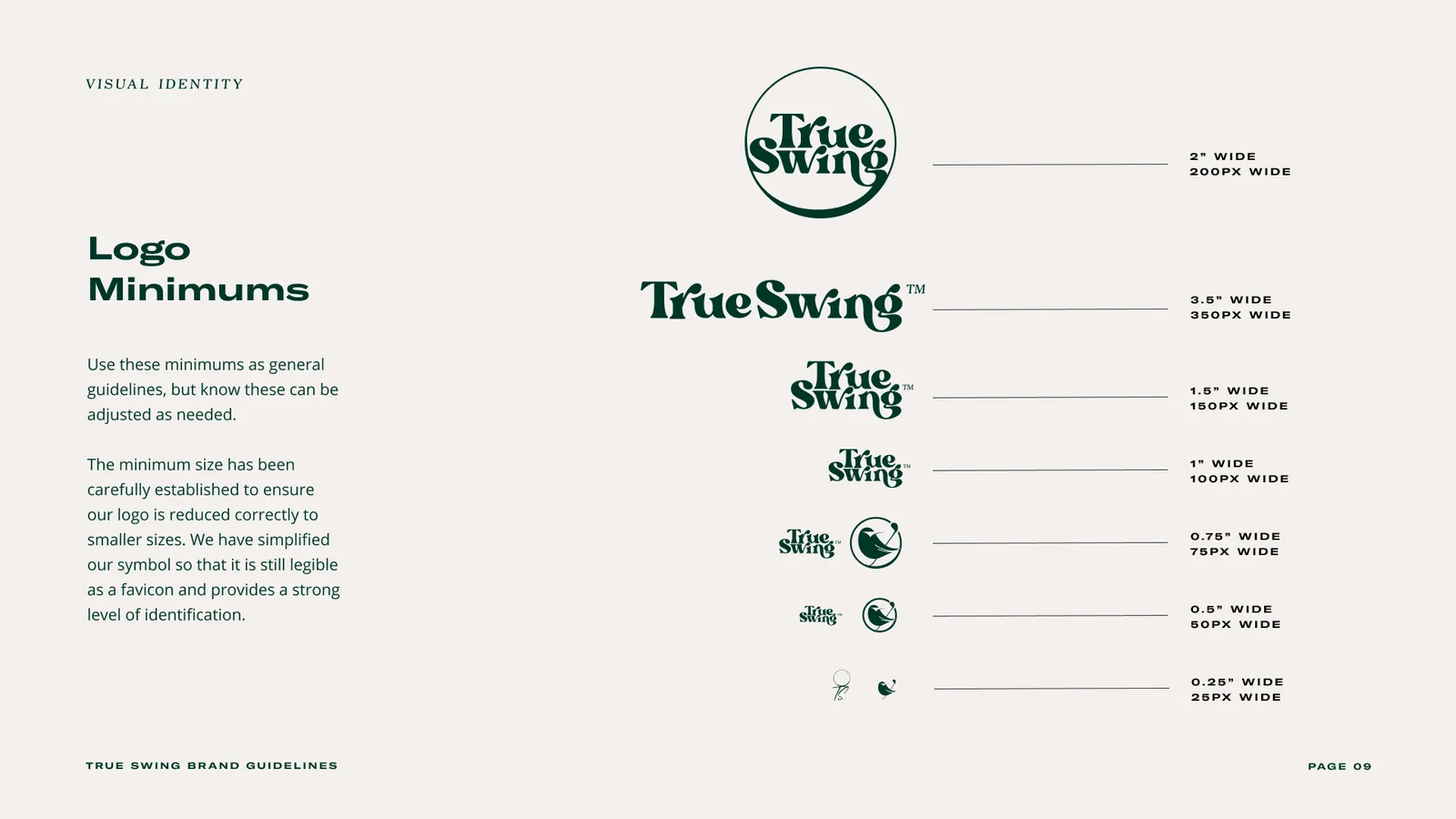 Logo minimums: the badge, the wordmark and the symbol from two inches down to a quarter inch