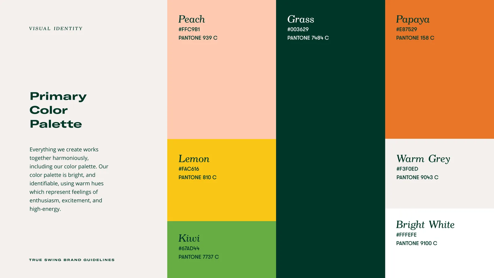 Primary color palette: Peach, Grass, Papaya, Lemon, Kiwi, Warm Grey and Bright White with hex and Pantone values