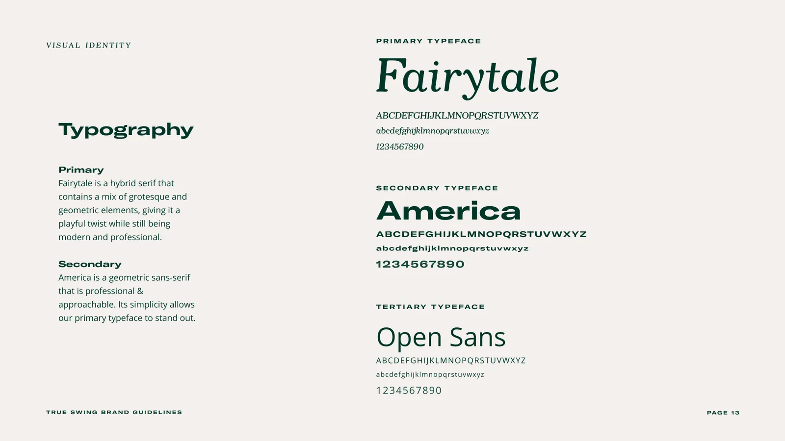 Typography: Fairytale for headlines, America as the secondary face, Open Sans for text