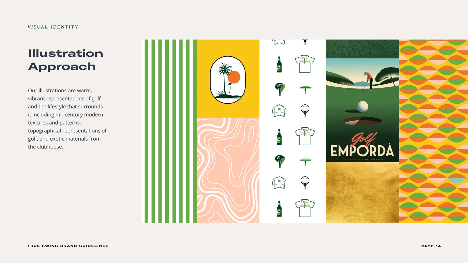 Illustration approach: warm mid-century golf illustrations, patterns and a Golf Emporda poster