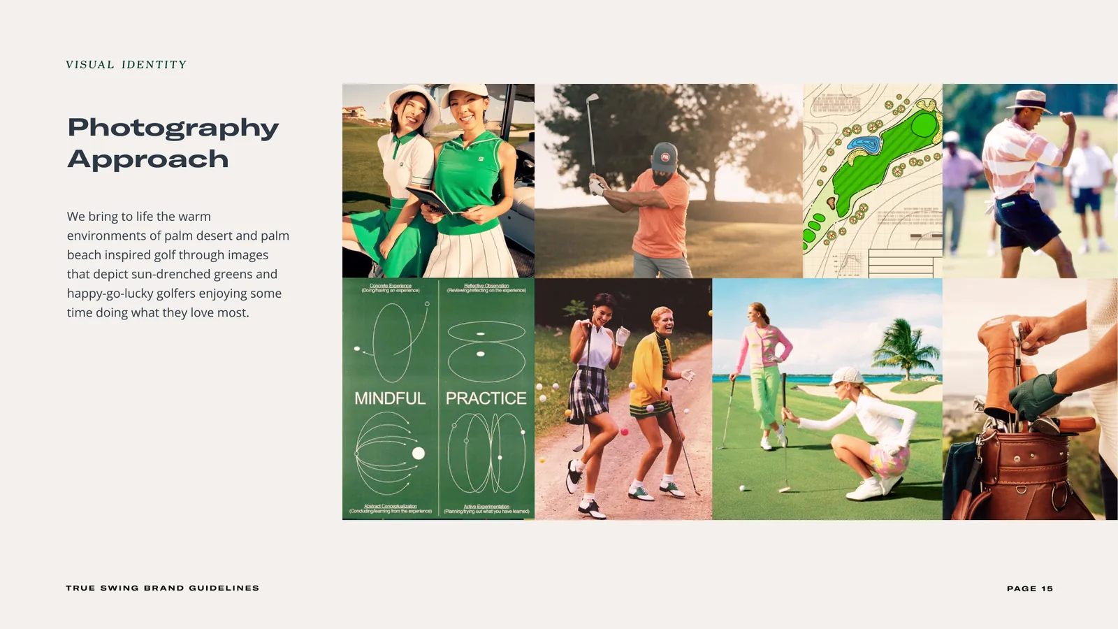 Photography approach: sun-drenched greens, players in the brand's peach, green and kiwi