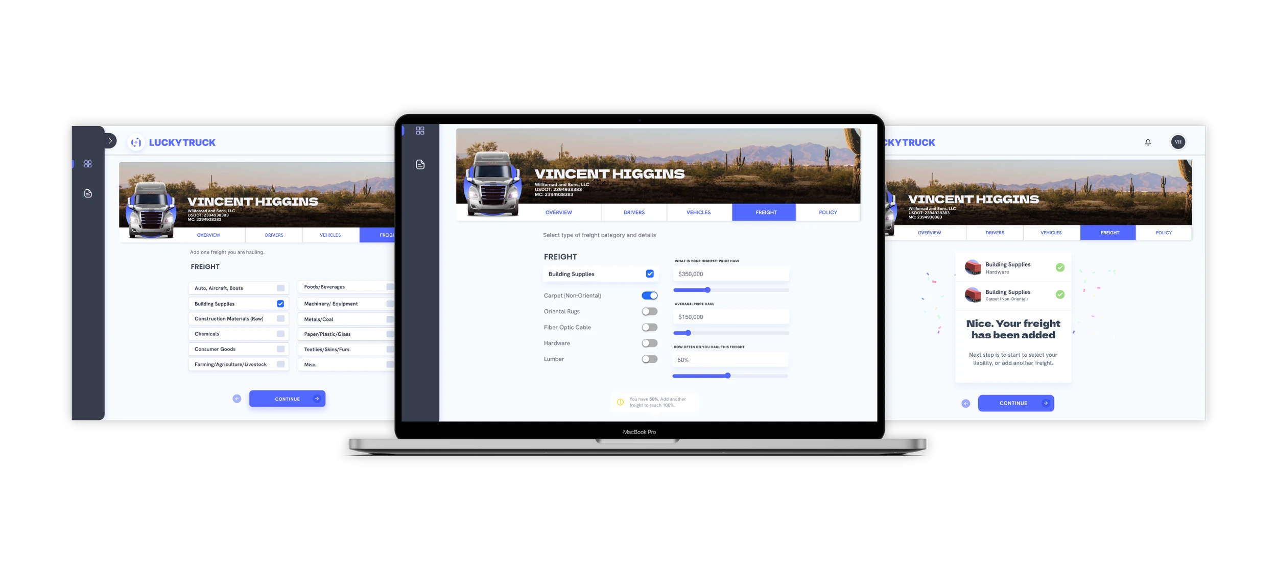The freight dashboard on a laptop: the driver, the vehicle and the load on one screen, two more views behind it