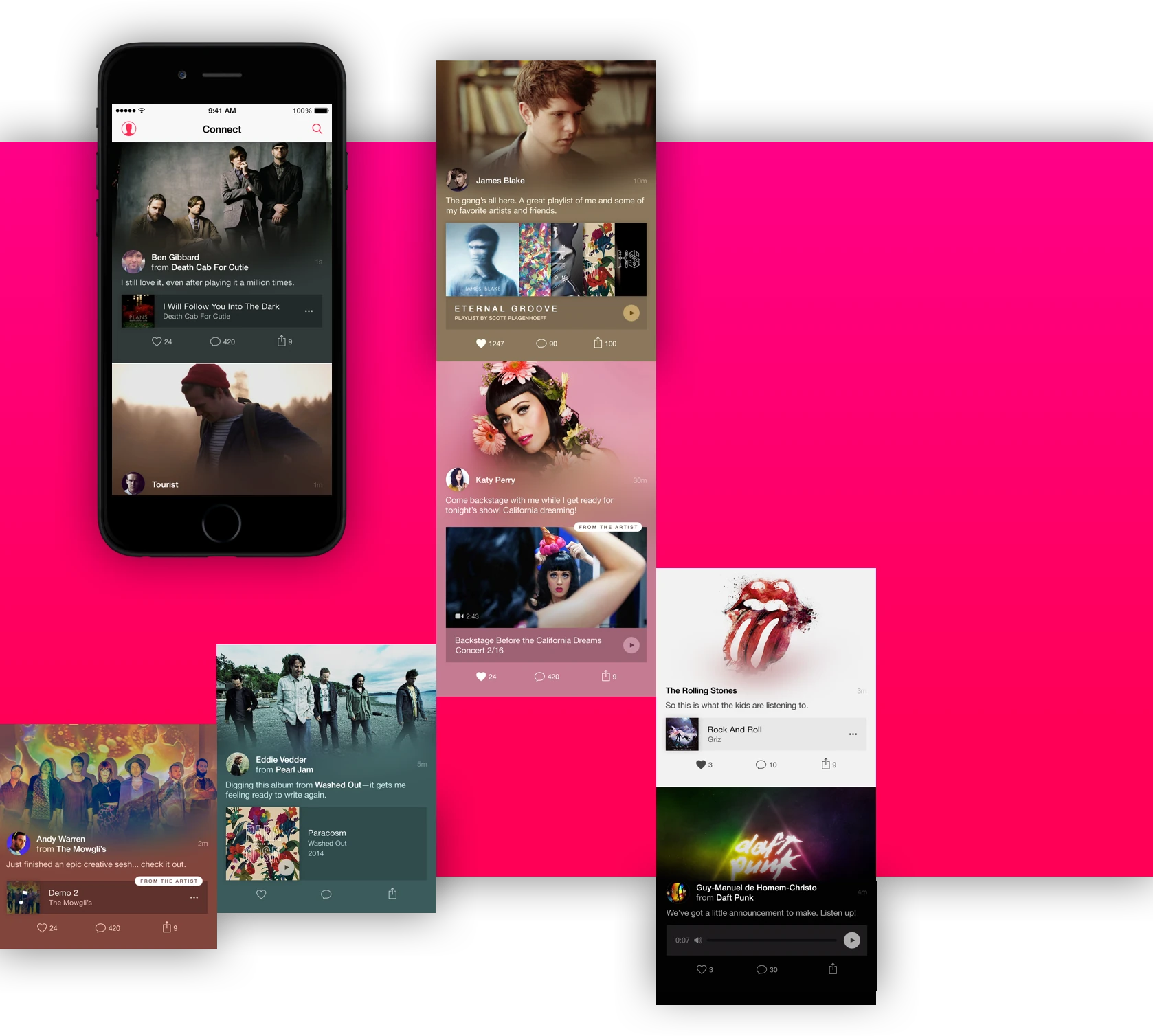 Artist Connect on two phones: the Connect feed, artist posts and album art on a magenta plate