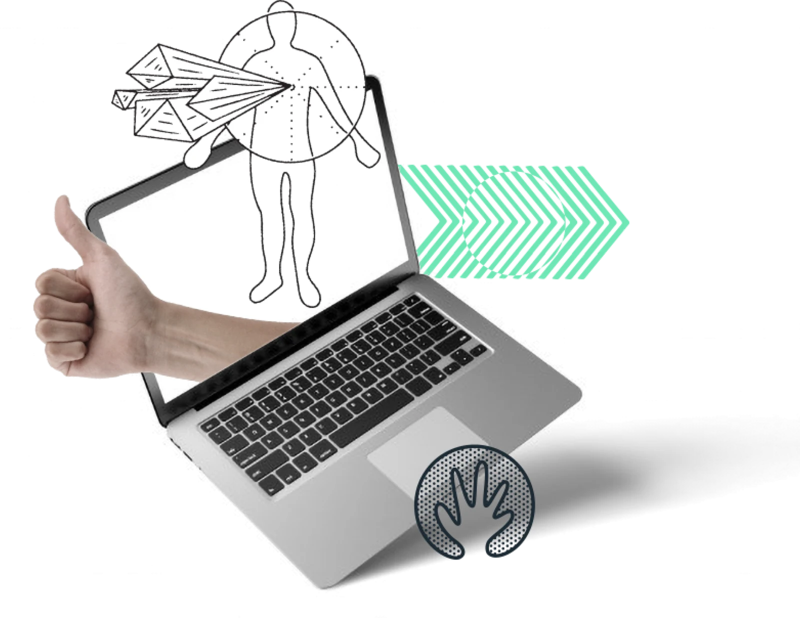 The Stay Gold collage: a line-drawn figure and a thumbs up rising out of a laptop