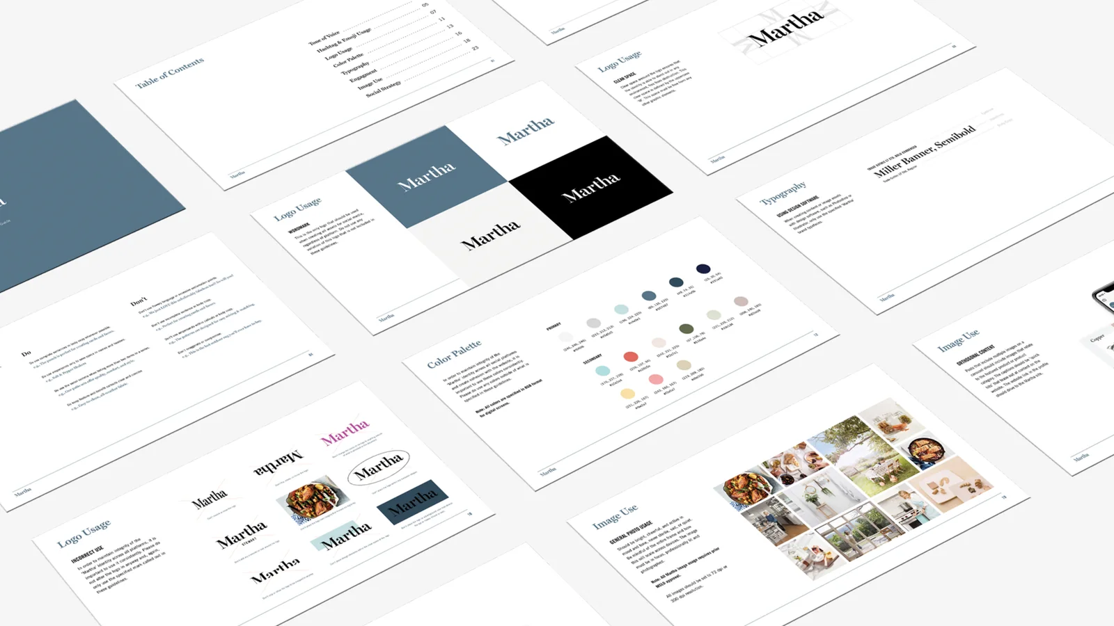 The Martha identity sheets: wordmarks, type, colour and imagery on a grid